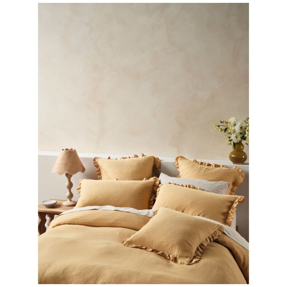 Linen House Lucy Saffron Yellow Cushion Textured Check Ruffled Edge 48x48cm