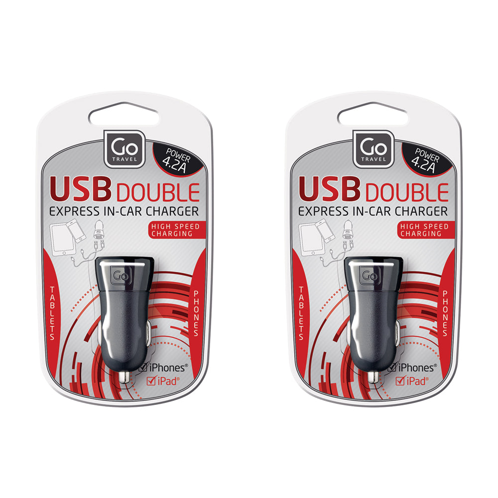 2PK Go Travel USB Double Car Charger - Black