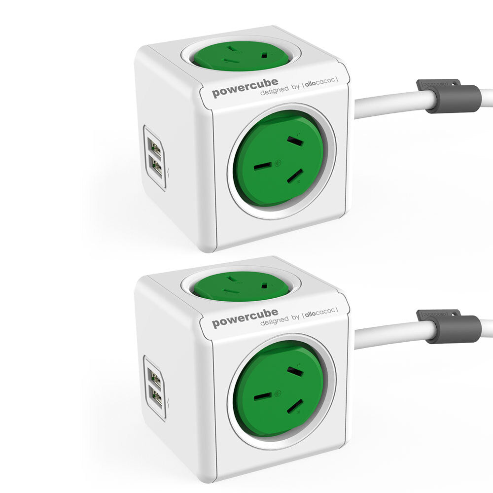 2PK Green Powercube 4 Socket Mountable Power Board w/ 1.5m Cord