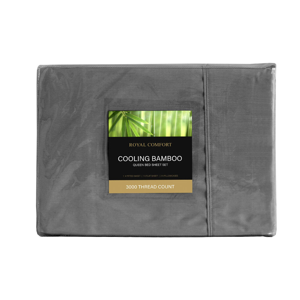 Royal Comfort Sheet Set/2x Pillowcases Bamboo Cooling 3000TC Charcoal