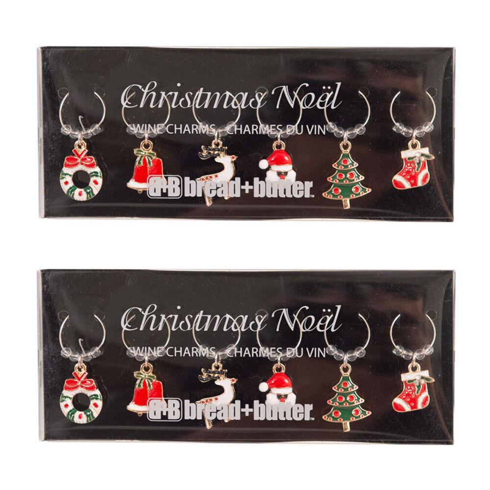 2x 6pc Bread and Butter Alloy/Steel Various Christmas Mix Wine Glass Charm Set