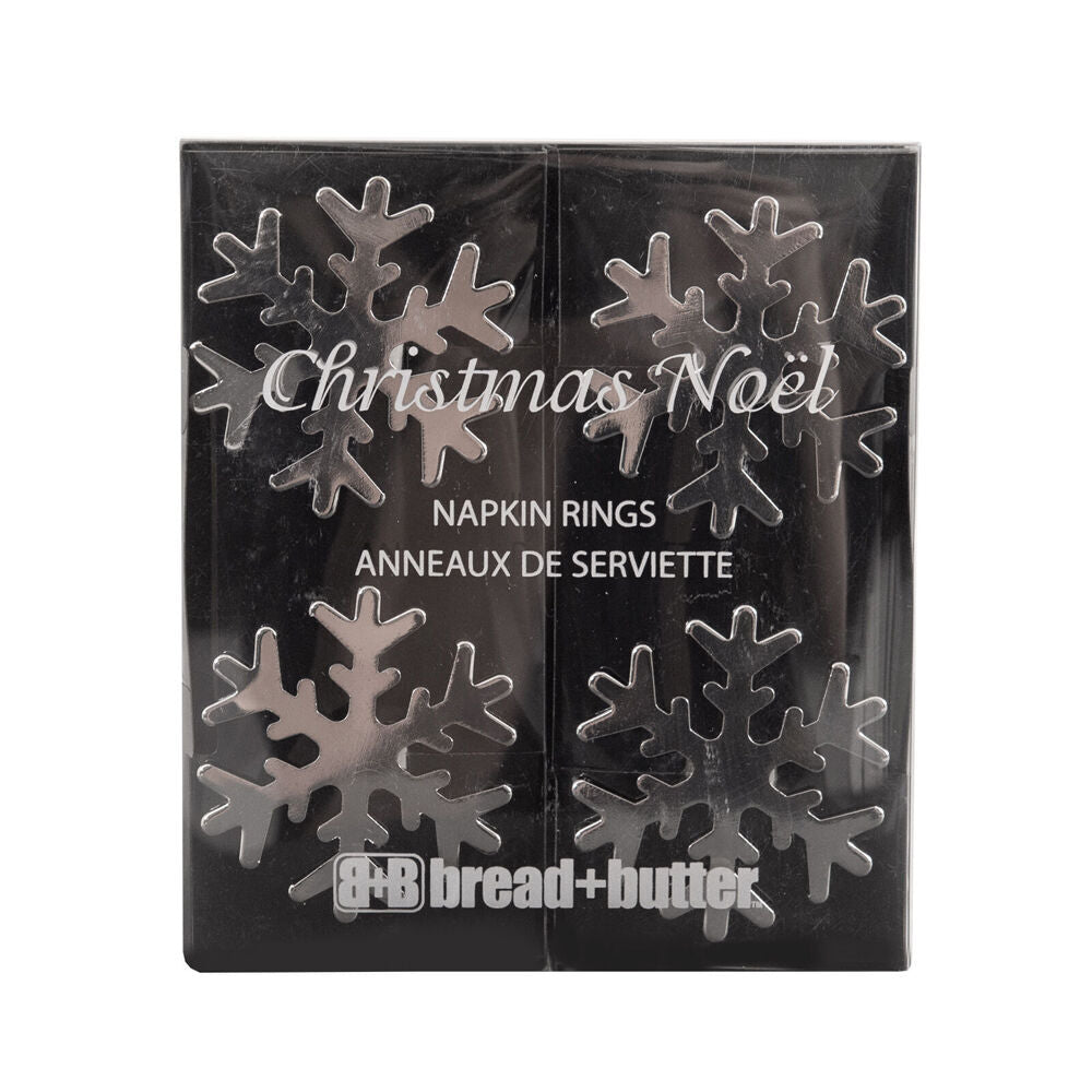 2x 4pc Bread and Butter Steel Snow Flake Napkin Rings - Silver