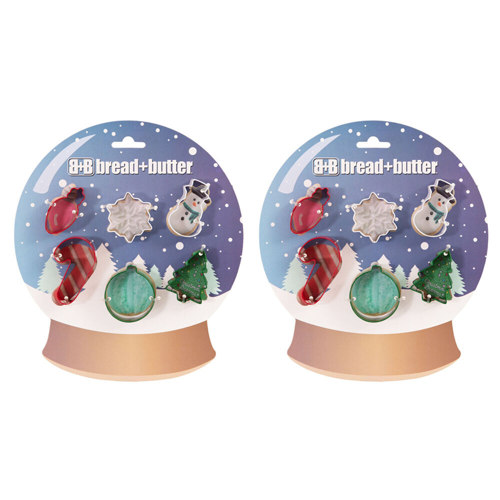 2x 6pc Bread and Butter Cookie Cutter Globe/Flake/SnowMan/Cane/Sock/Tree