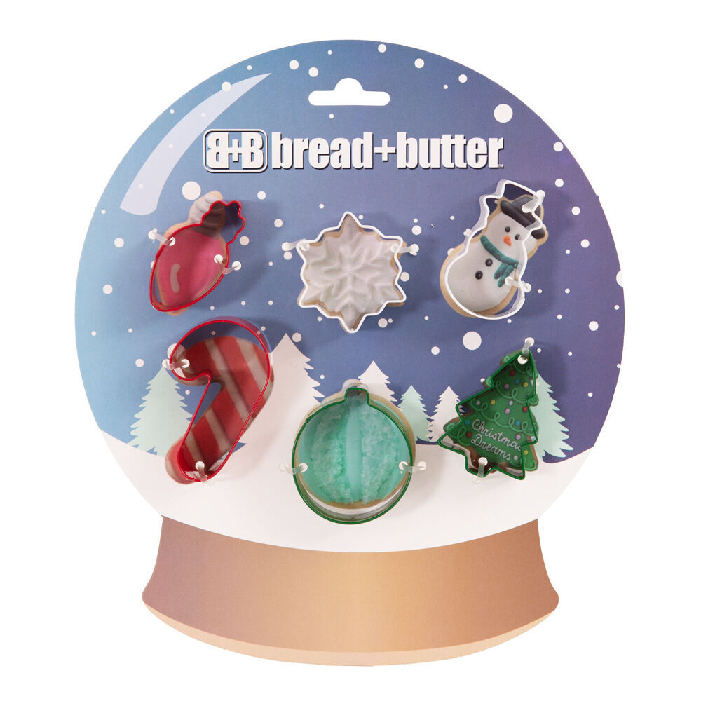 2x 6pc Bread and Butter Cookie Cutter Globe/Flake/SnowMan/Cane/Sock/Tree