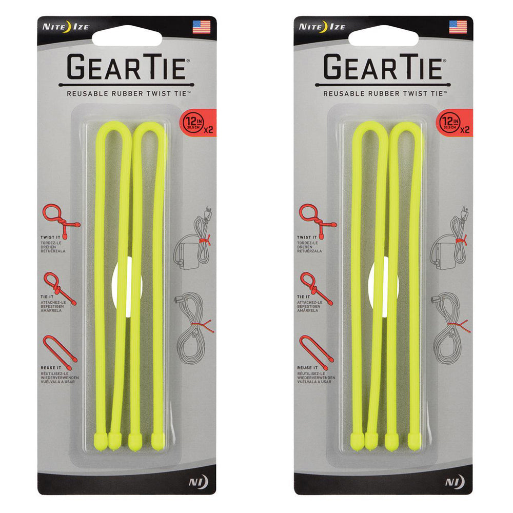 2x 2pc Nite Ize Gear Tie 12in Reusable Rubber Twist Organiser - Yellow