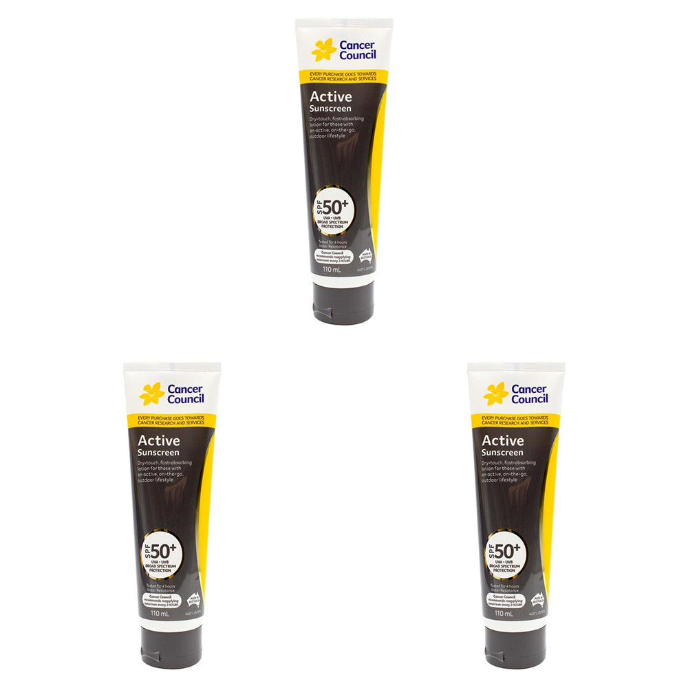 3PK Cancer Council 110ml Active Sunscreen SPF50+ Body Lotion