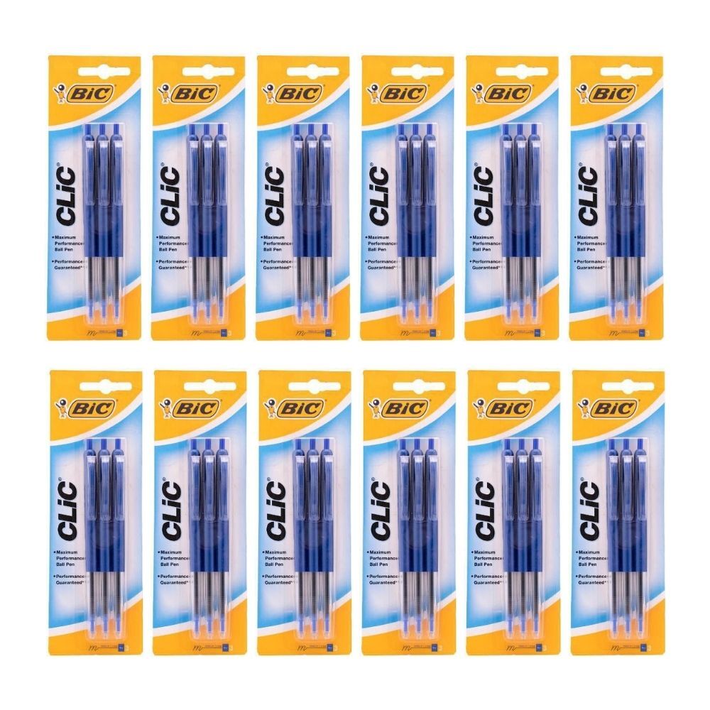 12PK 3pc BIC Clic Medium Ballpoint 1mm Writing Ballpen Blue School Stationery
