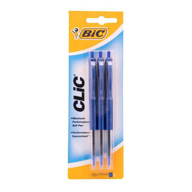 12PK 3pc BIC Clic Medium Ballpoint 1mm Writing Ballpen Blue School Stationery