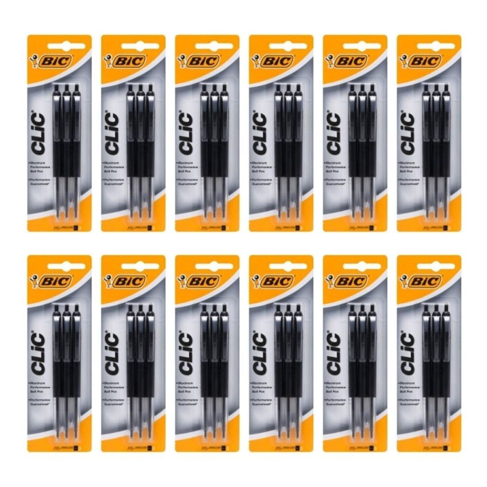 12x 3pc BIC Clic Retractable Ballpoint Pen Writing Ballpen Black Stationery