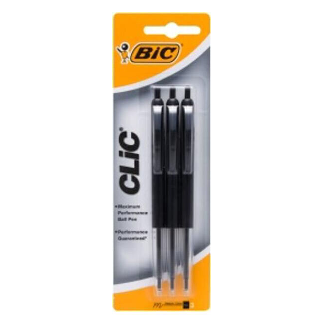 12x 3pc BIC Clic Retractable Ballpoint Pen Writing Ballpen Black Stationery