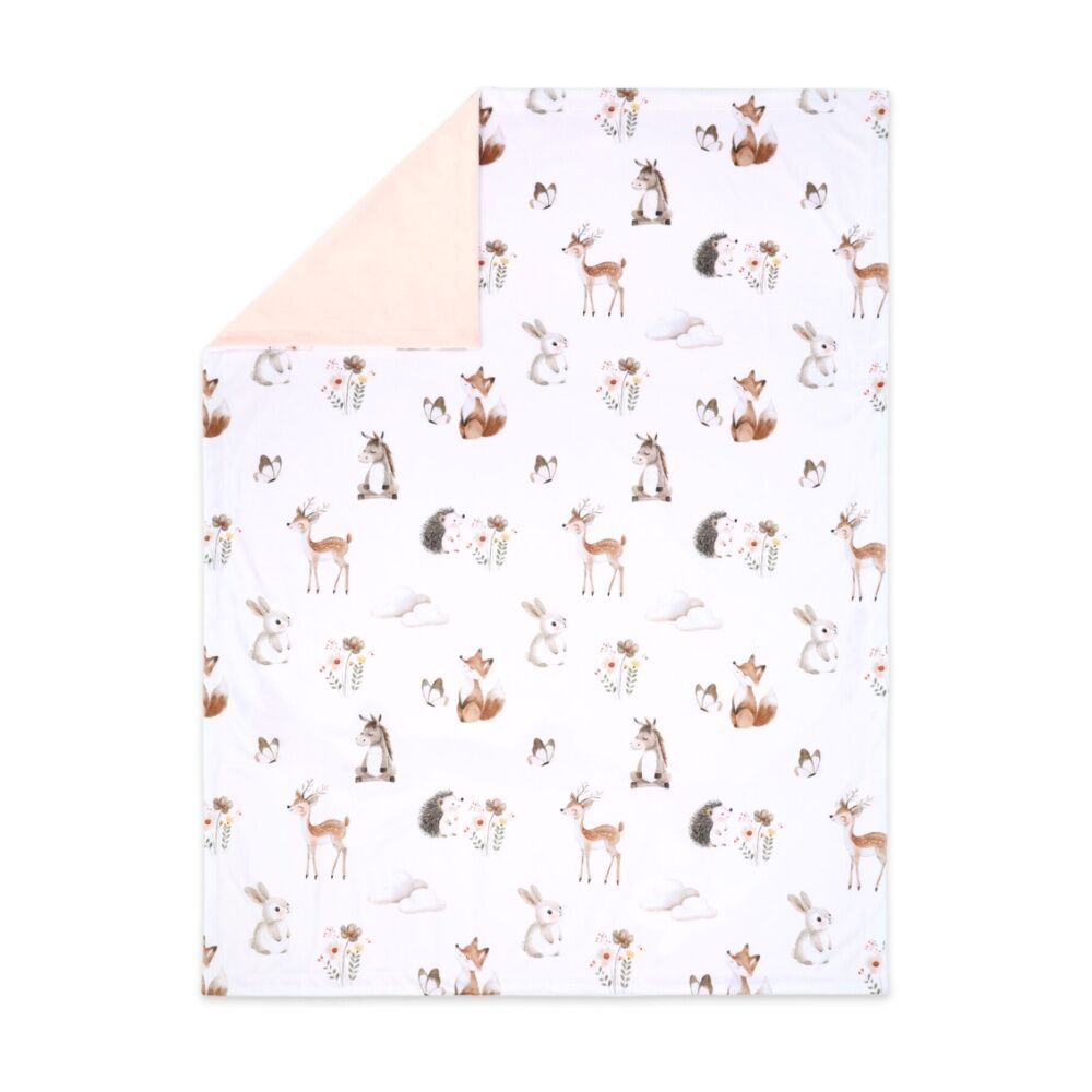 The Peanutshell Forest Dreams Animal Velour Printed Blanket Baby Pink