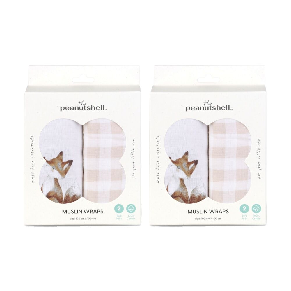 2x 2pc The Peanutshell Forest Dreams Baby Muslin Wraps 100% Cotton Pink/White
