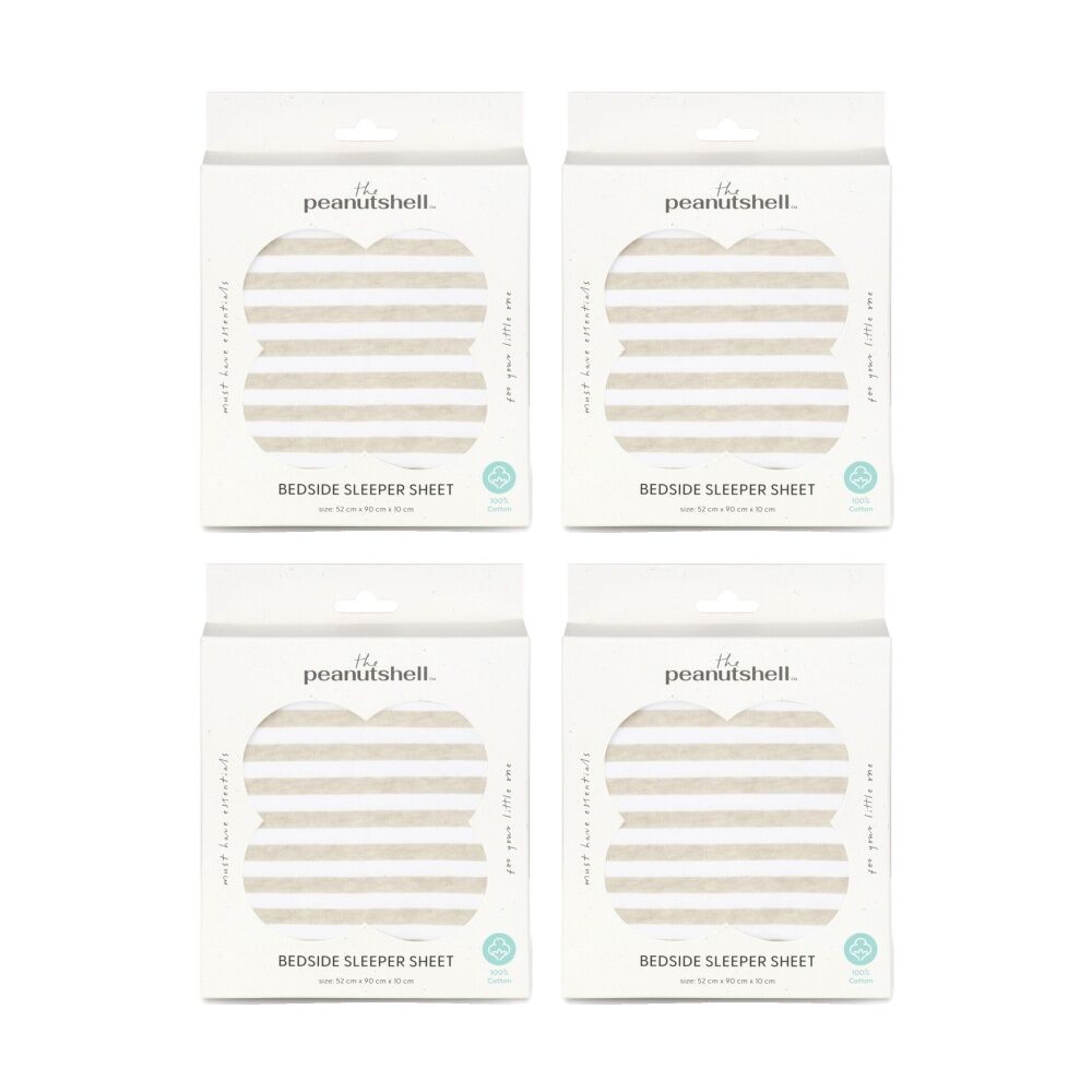 4PK The Peanutshell Safari Dreams Side Sleeper Cot Sheet 52x90cm Tan Stripe
