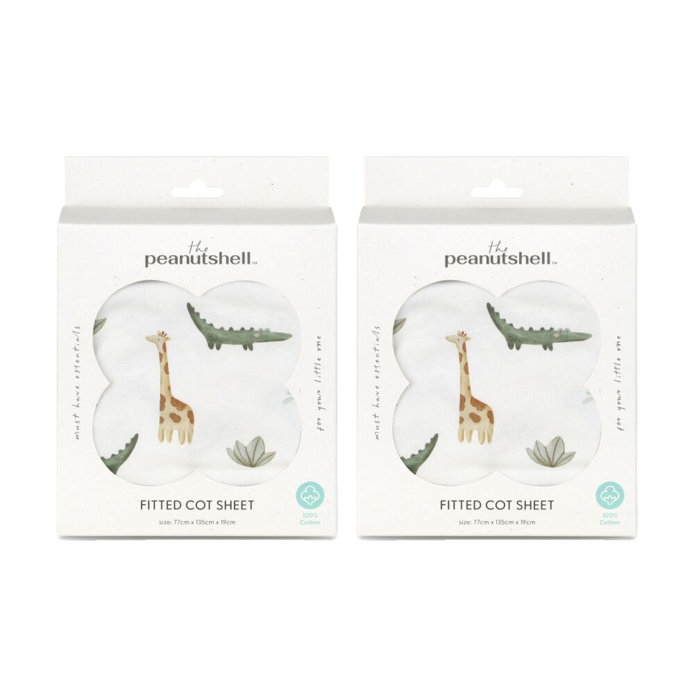 2PK The Peanutshell 100% Jersey Cotton Safari Dreams Cot Fitted Sheet 77x135cm