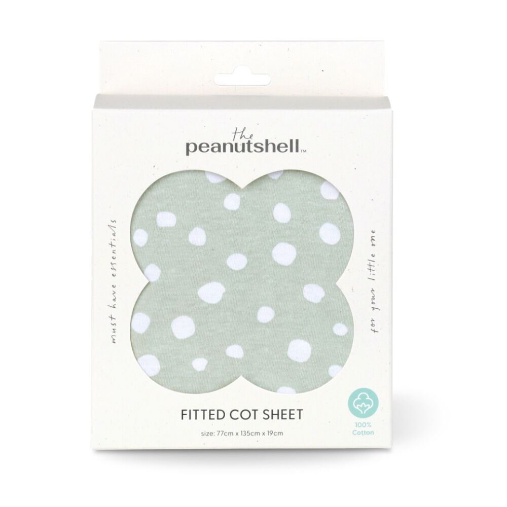 The Peanutshell 100% Jersey Cotton Green Polka Dot Cot Fitted Sheet 77x135cm
