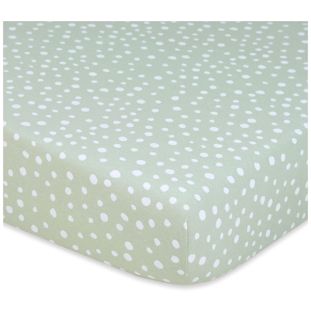 The Peanutshell 100% Jersey Cotton Green Polka Dot Cot Fitted Sheet 77x135cm