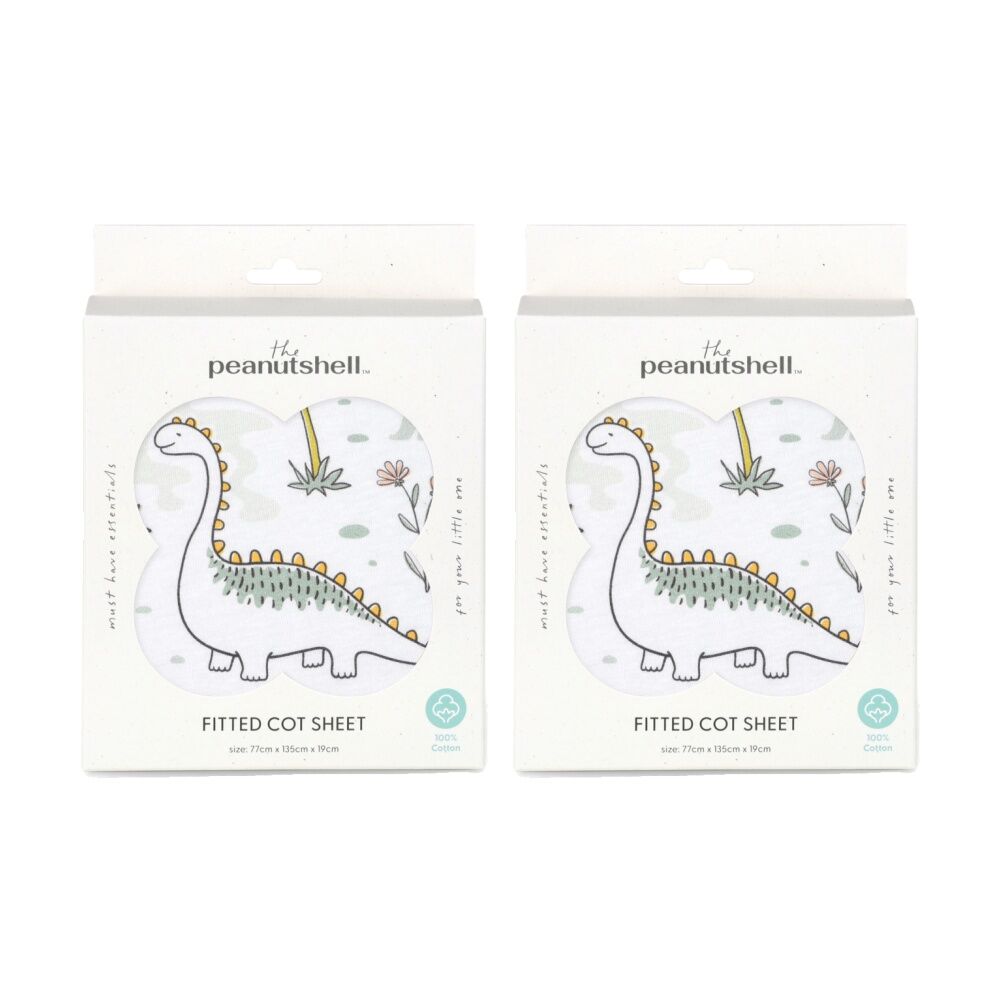 2PK The Peanutshell 100% Jersey Cotton Dinosaur Cot Fitted Sheet 77x135cm