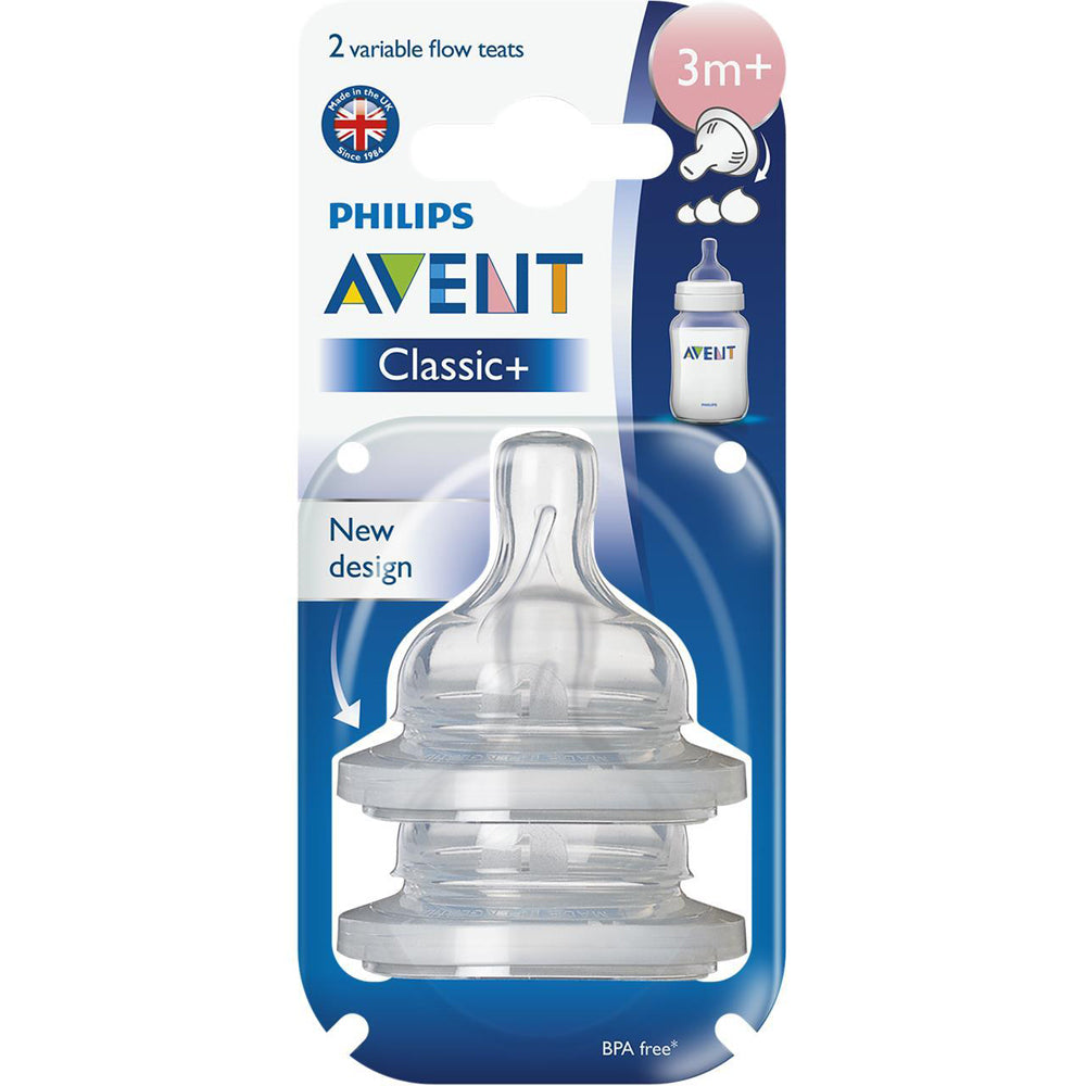2x 2pc Philips Avent Classic+ Variable Flow Teat Clear 3m+