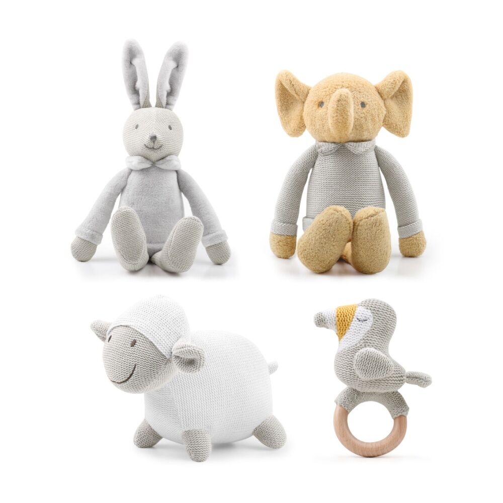 4pc The Peanutshell Plush Animal Toys and Bamboo Rattle Ring Bundle