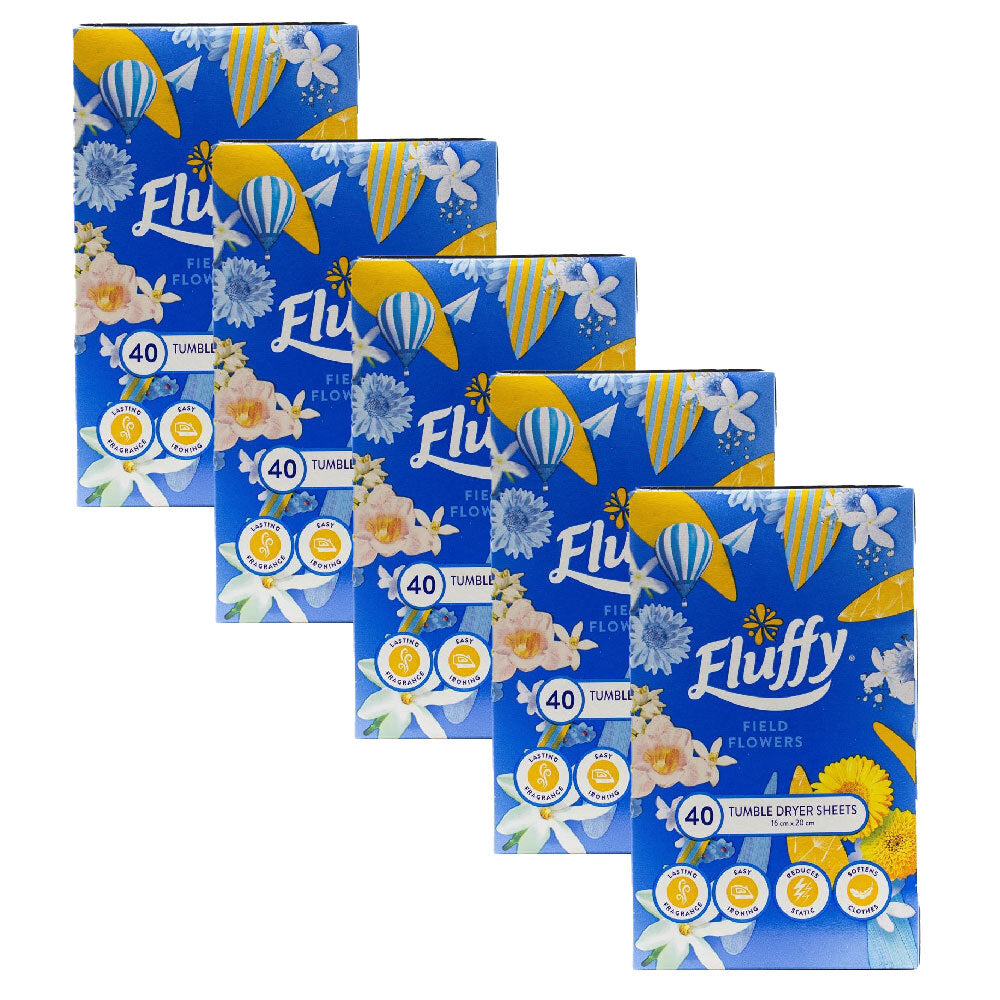 5x 40pc Fluffy Tumble Dryer Sheets Field Flowers Softens Fabrics Static-Free