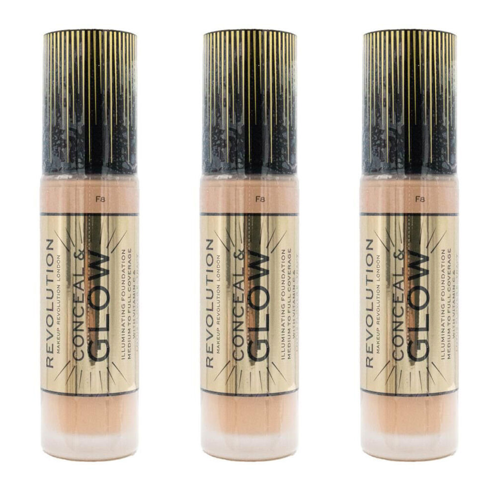 3PK Revolution Conceal & Glow Liquid Foundation 23ml Makeup Cosmetics F8