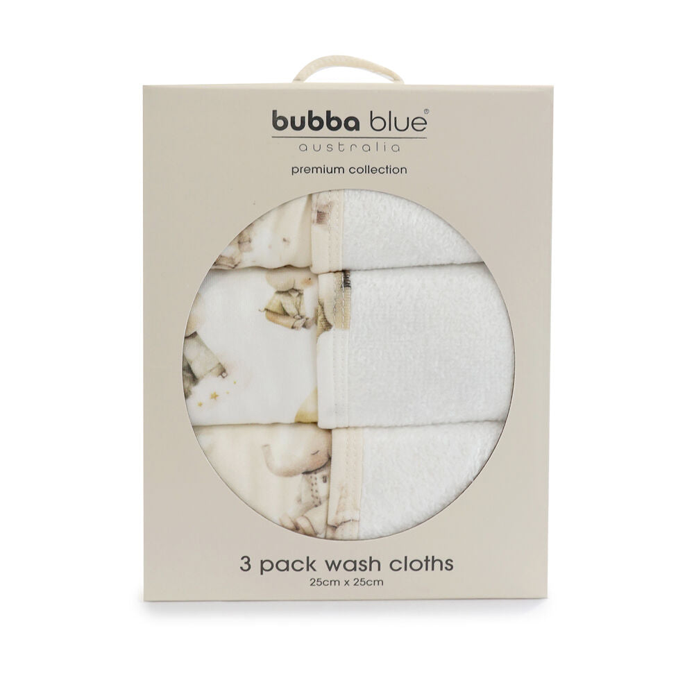 4x 3pc Bubba Blue Children's and Baby Elephant Bedtime Face Washers 25x25cm
