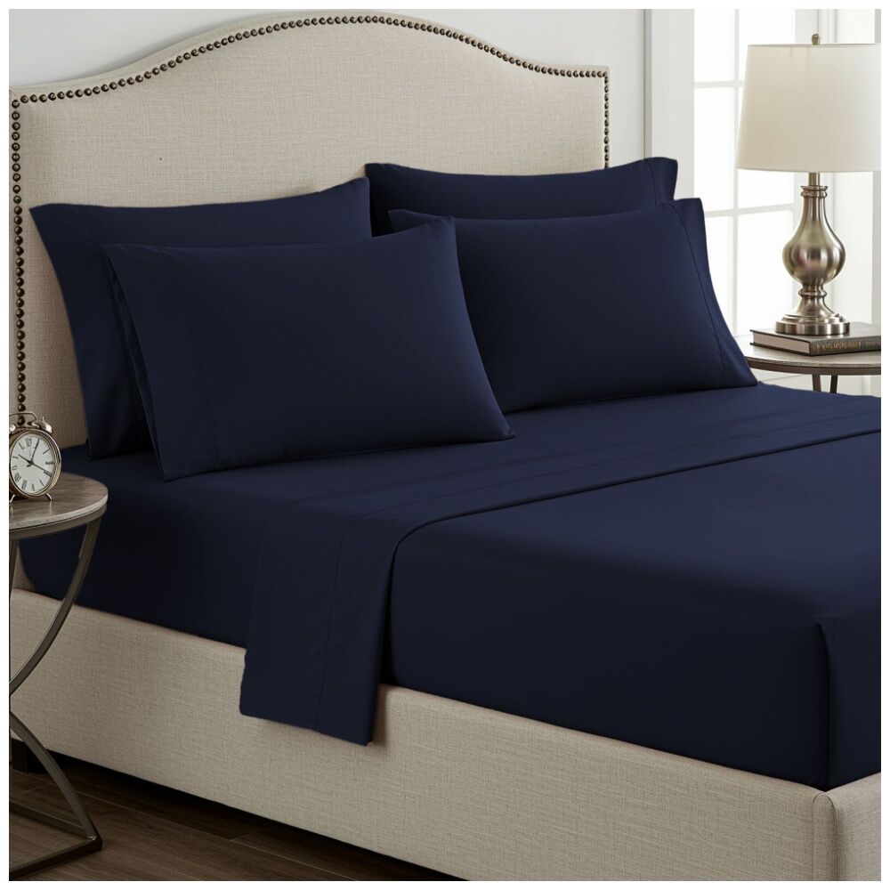 Grosvenor House 400TC Plain Bamboo Cotton Bed Sheet Sets Navy Blue
