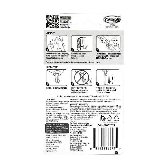 6x 3pc 3M Command No Nail Small Hanging Wall Wire Hook Holds 225g White