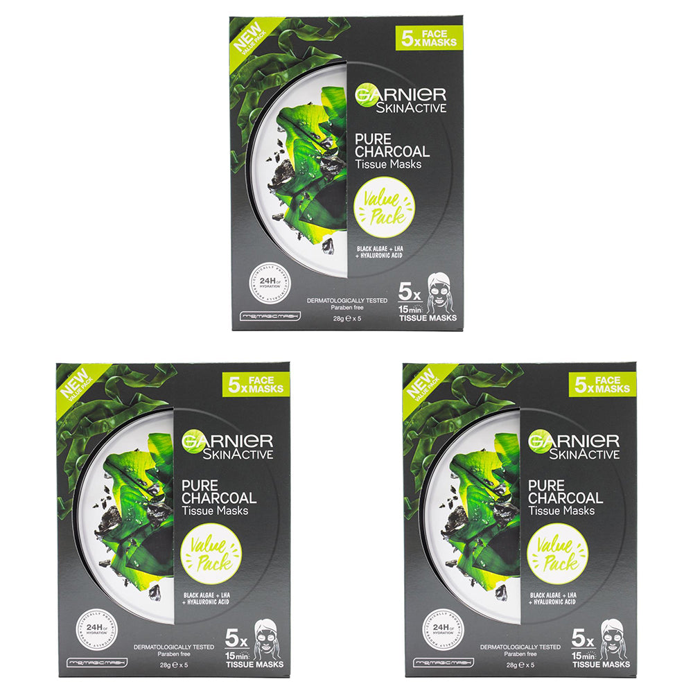 15pc Garnier 28G Skinactive Pure Charcoal Tissue Masks Black Algae
