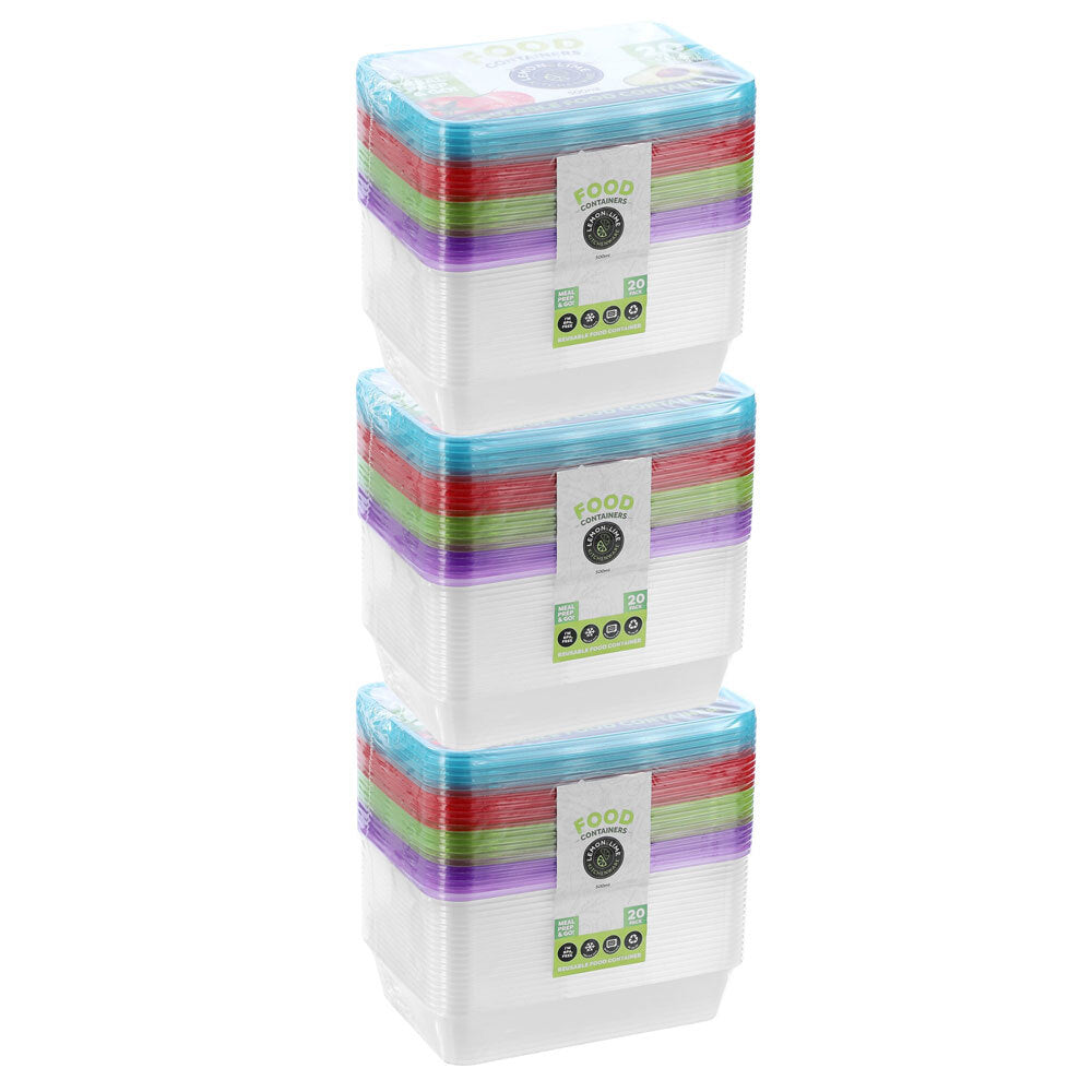 3x 20PK Lemon & Lime Rectangle 500ml Reusable Food Container w/ Coloured Lids