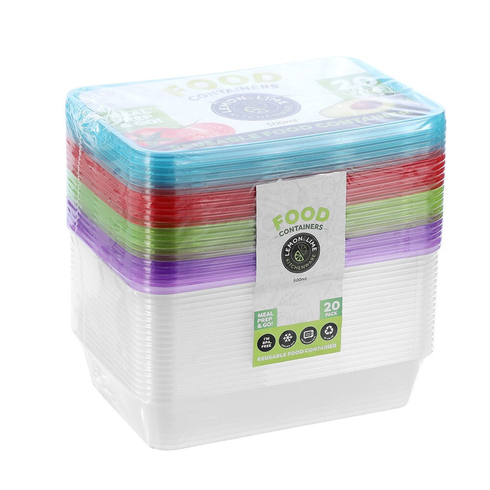 3x 20PK Lemon & Lime Rectangle 500ml Reusable Food Container w/ Coloured Lids