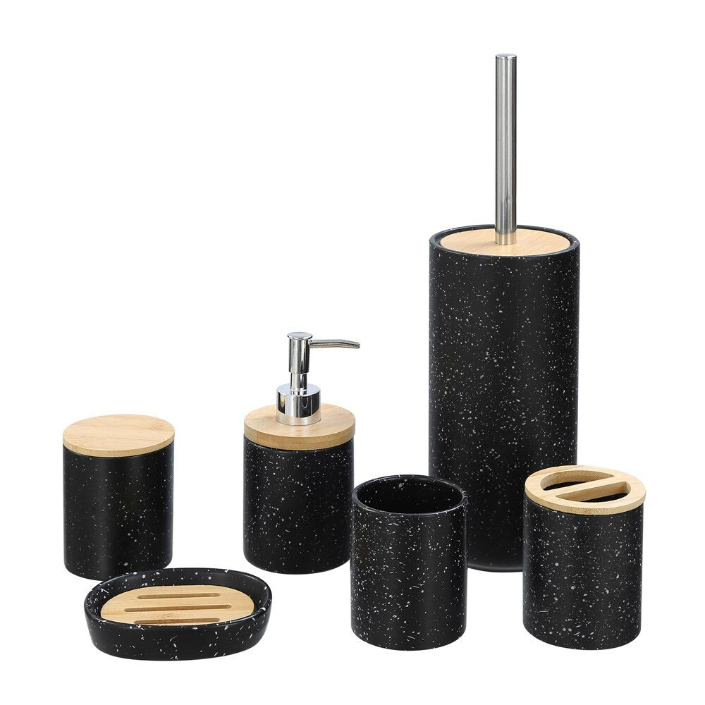 3x Boxsweden Bano 8x10cm Ceramic Bathroom Cup w/ Bamboo Lid - Black Speckle