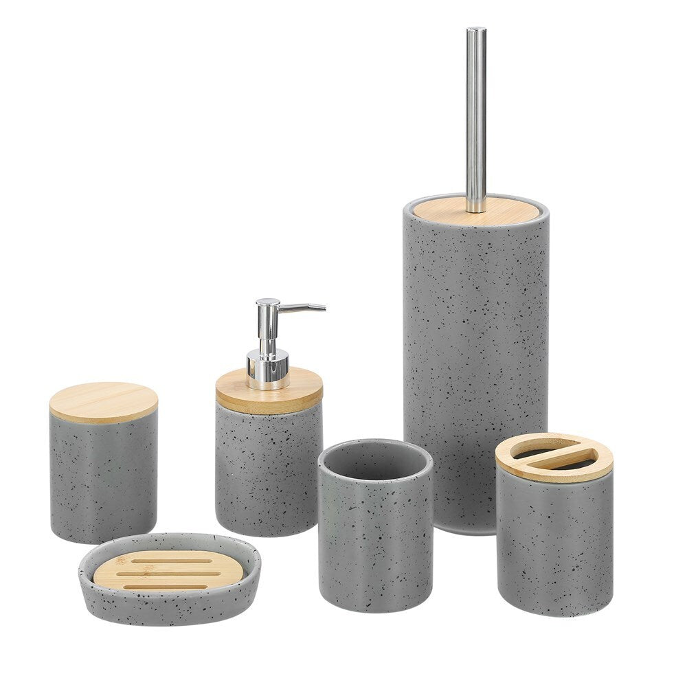 3x Boxsweden Bano 8x10cm Ceramic Bathroom Cup w/ Bamboo Lid - Grey Speckle