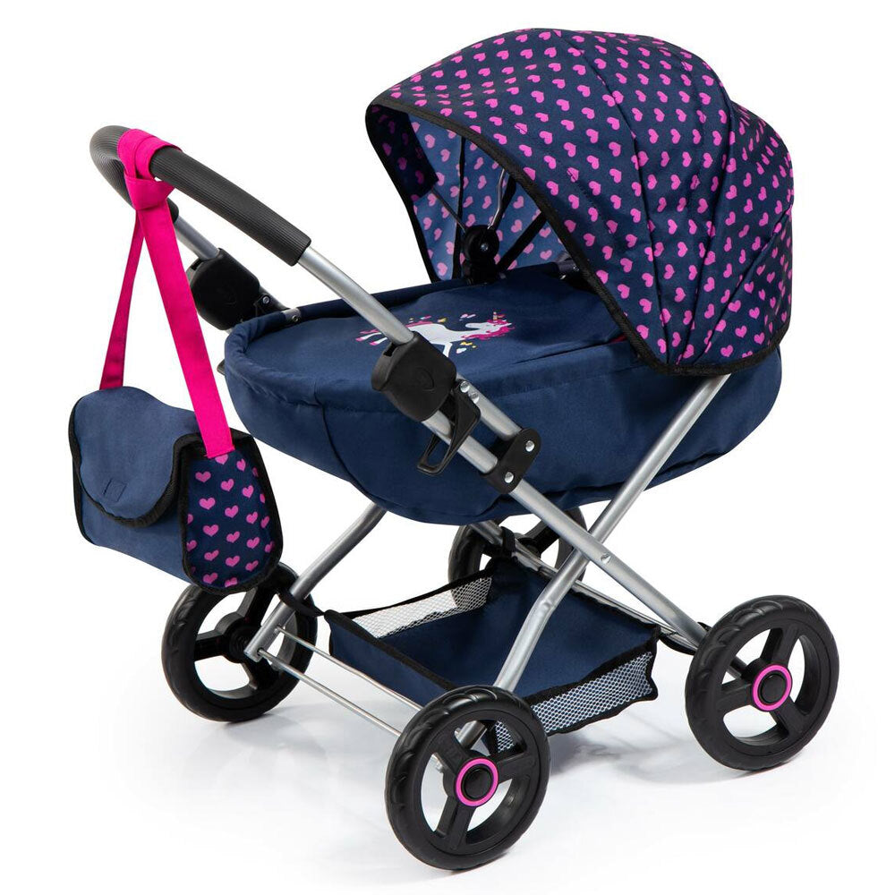 Bayer Cosy Doll Pram - Dark Blue w/ Pink Hearts