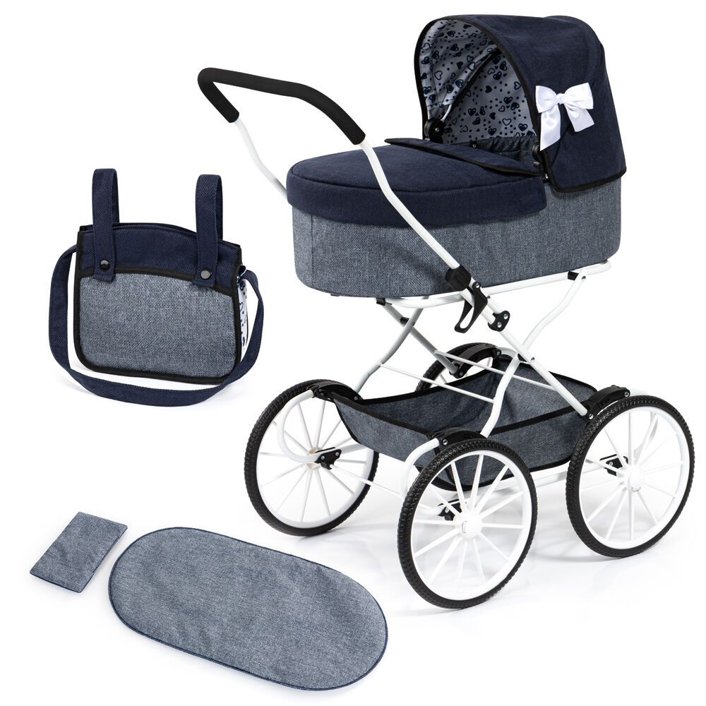 Bayer Classic Doll Pram Kids Stroller Dark Blue & Denim with White Bow