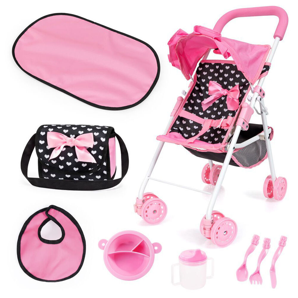 Bayer Doll Buggy Pram Gift Set Pretend Play Kids Stroller Pink & Black with Bow