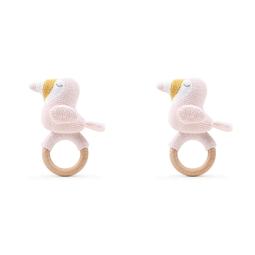2PK The Peanutshell Toucan Wood Ring Teether 13x10cm Pink 0+
