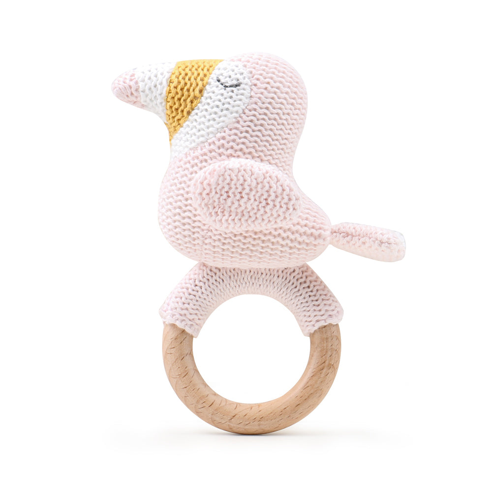2PK The Peanutshell Toucan Wood Ring Teether 13x10cm Pink 0+
