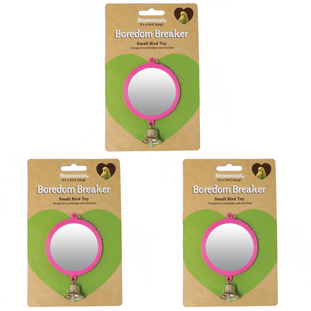 3x Rosewood Hanging 7.6cm Round Mirror Bird Pet Interactive Cage Toy w/ Bell