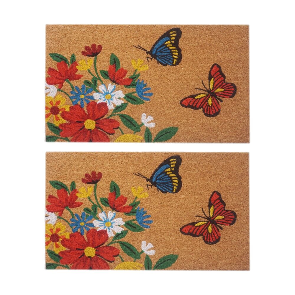 2PK Solemate Coir Backed Colourful Butterfly With Flowers Doormat 45x75cm