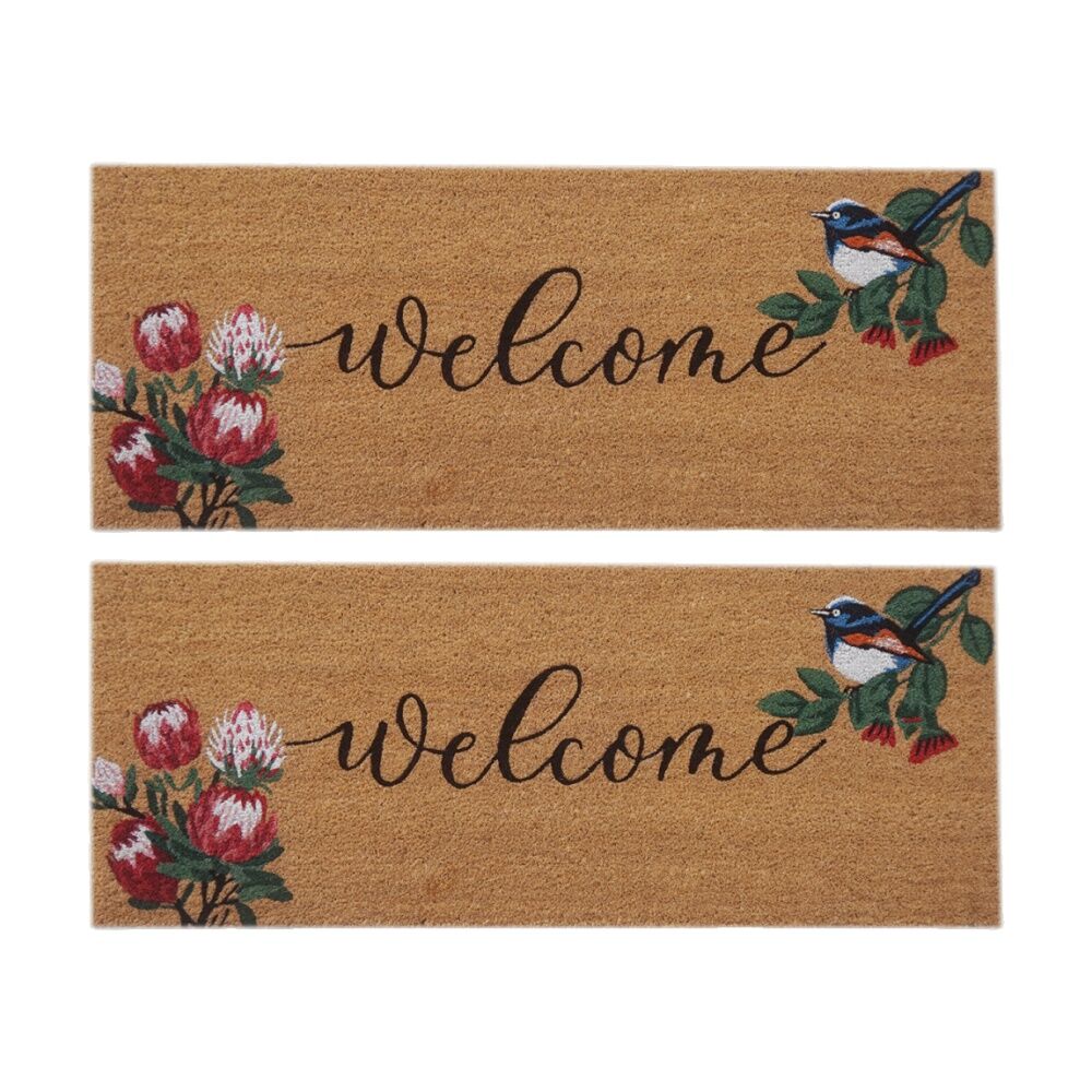 2PK Solemate Coir Backed Welcome Floral Doormat With Blue Wren Flowers 45x110cm