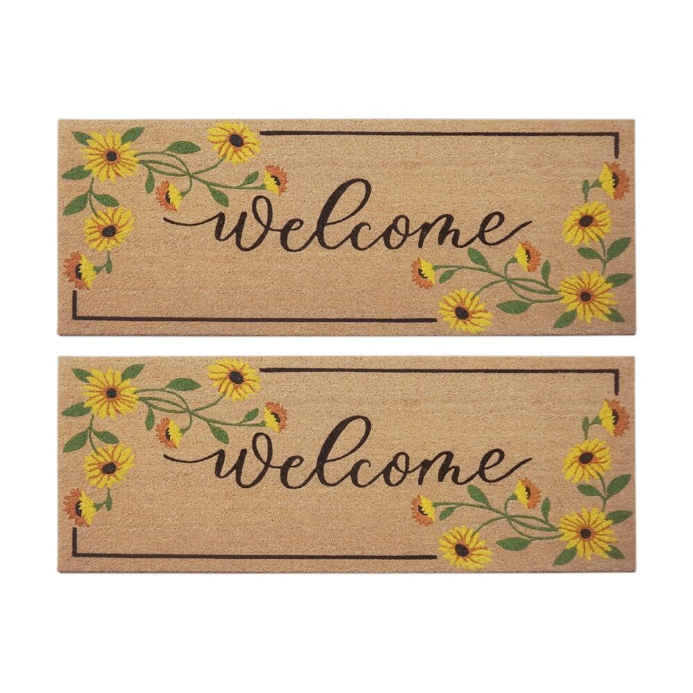 2PK Solemate Coir Backed Welcome Floral Doormat W/ Yellow Daisy Flowers 45x110cm