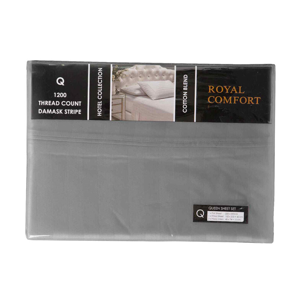 Royal Comfort Damask Sheet Set 1200TC Stripe Cotton Blend CHRCL Grey