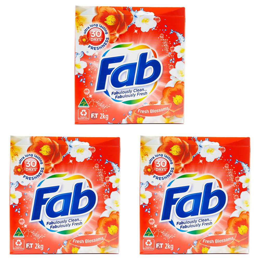 3PK Fab Laundry Powder Front & Top Loader Fresh Blossoms Cleans Well 2kg