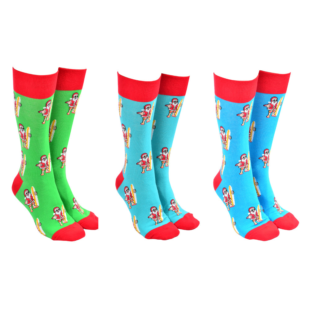 3PK Sock Society Surfing Santa Patterned Cotton Socks Assorted - One Size