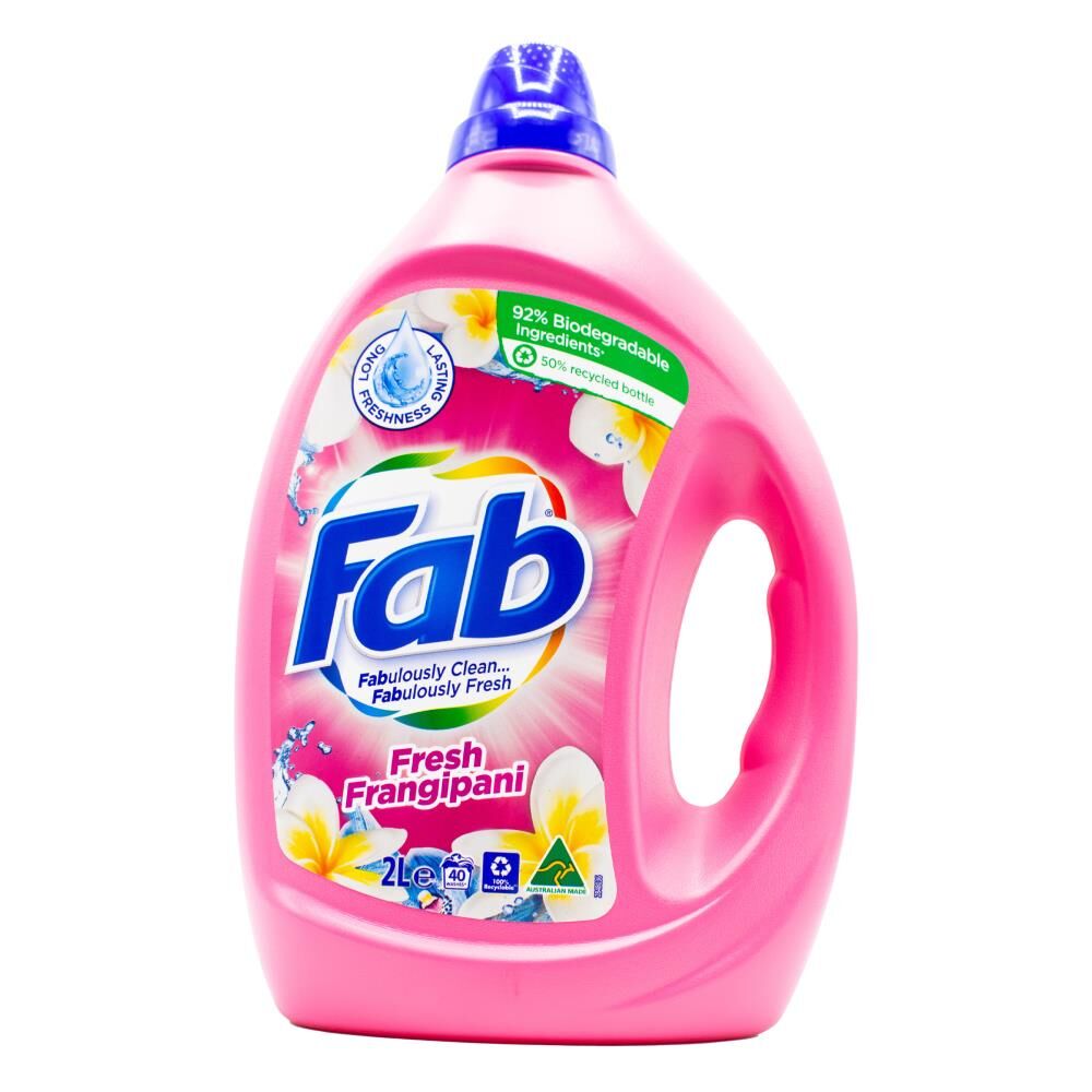 2PK Fab 2L Laundry Liquid Fresh Frangipani Front & Top Loader Stain Remover