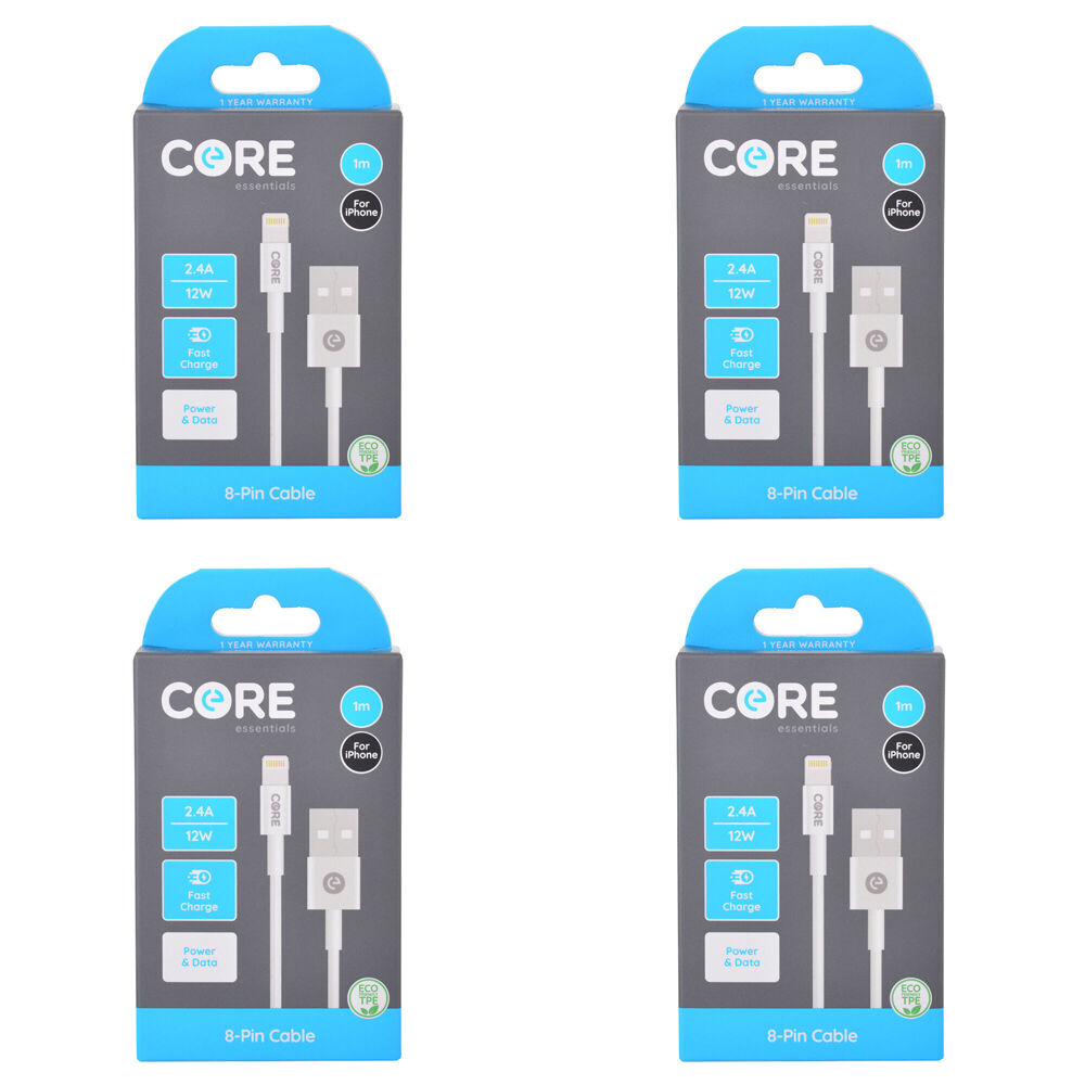 4PK Core 8-Pin to USB-A Cable Charging Cord 1m For Apple iPhone 14/13 - White