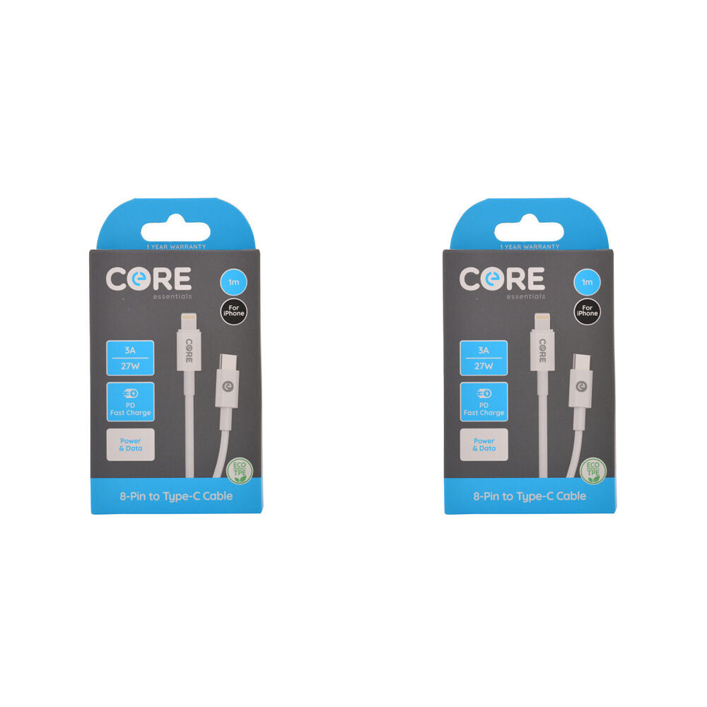 2PK Core 8-Pin to USB-C Cable Charging Cord 1m For Apple iPhone 14/13 - White