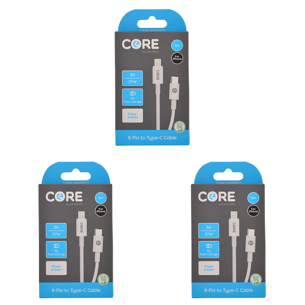 3PK Core 8-Pin to USB-C Cable Charging Cord 1m For Apple iPhone 14/13 - White