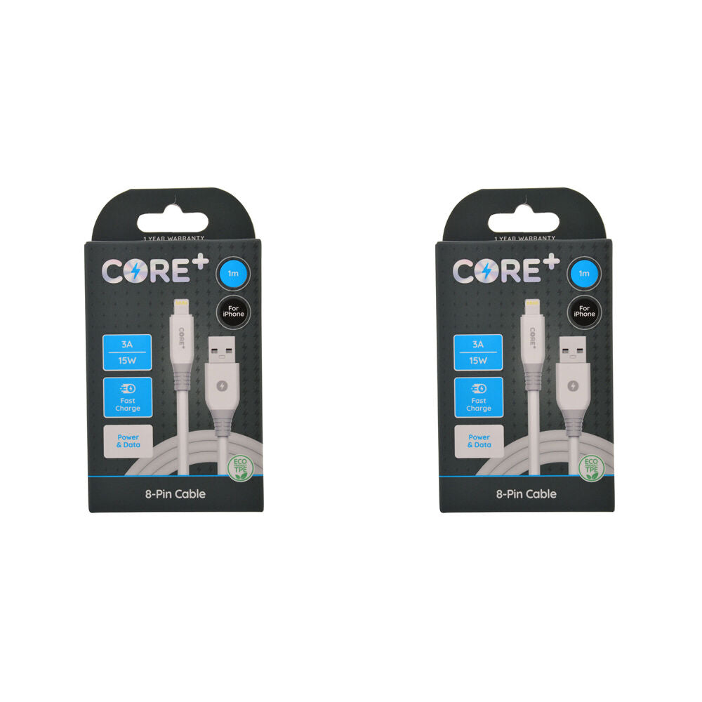 2PK Core+ 8-Pin to USB-A Cable Charging Cord 1m For Apple iPhone 14/13 - White